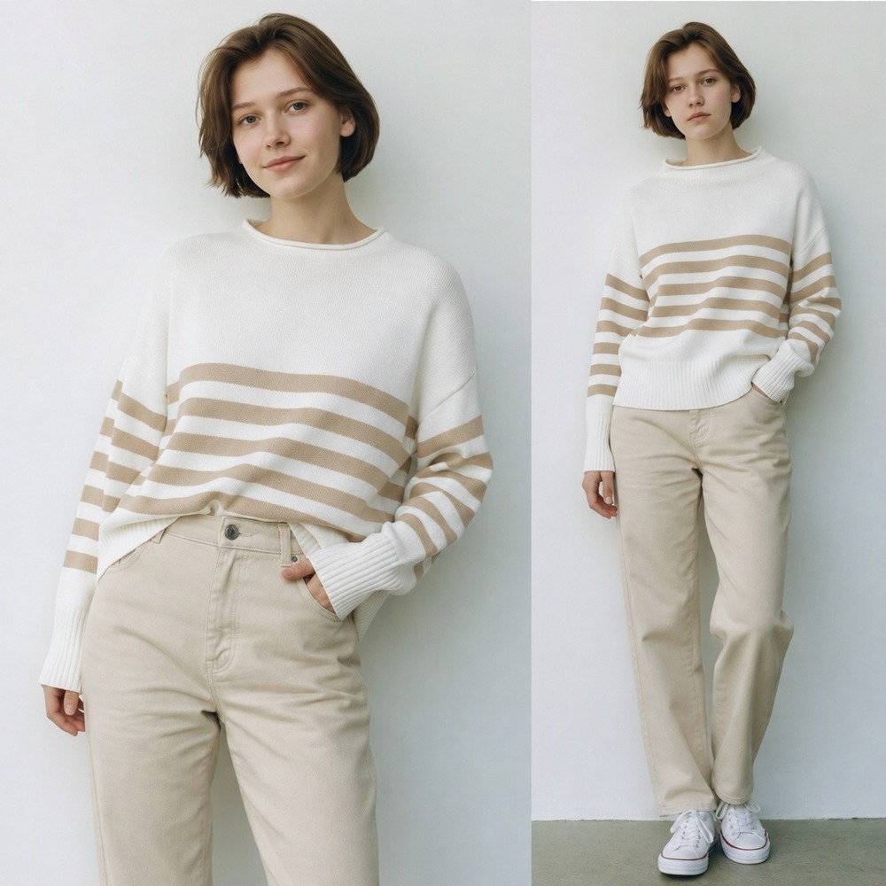 Truth By Republic White Tan Striped Rollneck Sweater S Nautical Fisherman